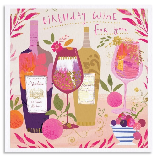 Wine & Pink Grapes Birthday Card